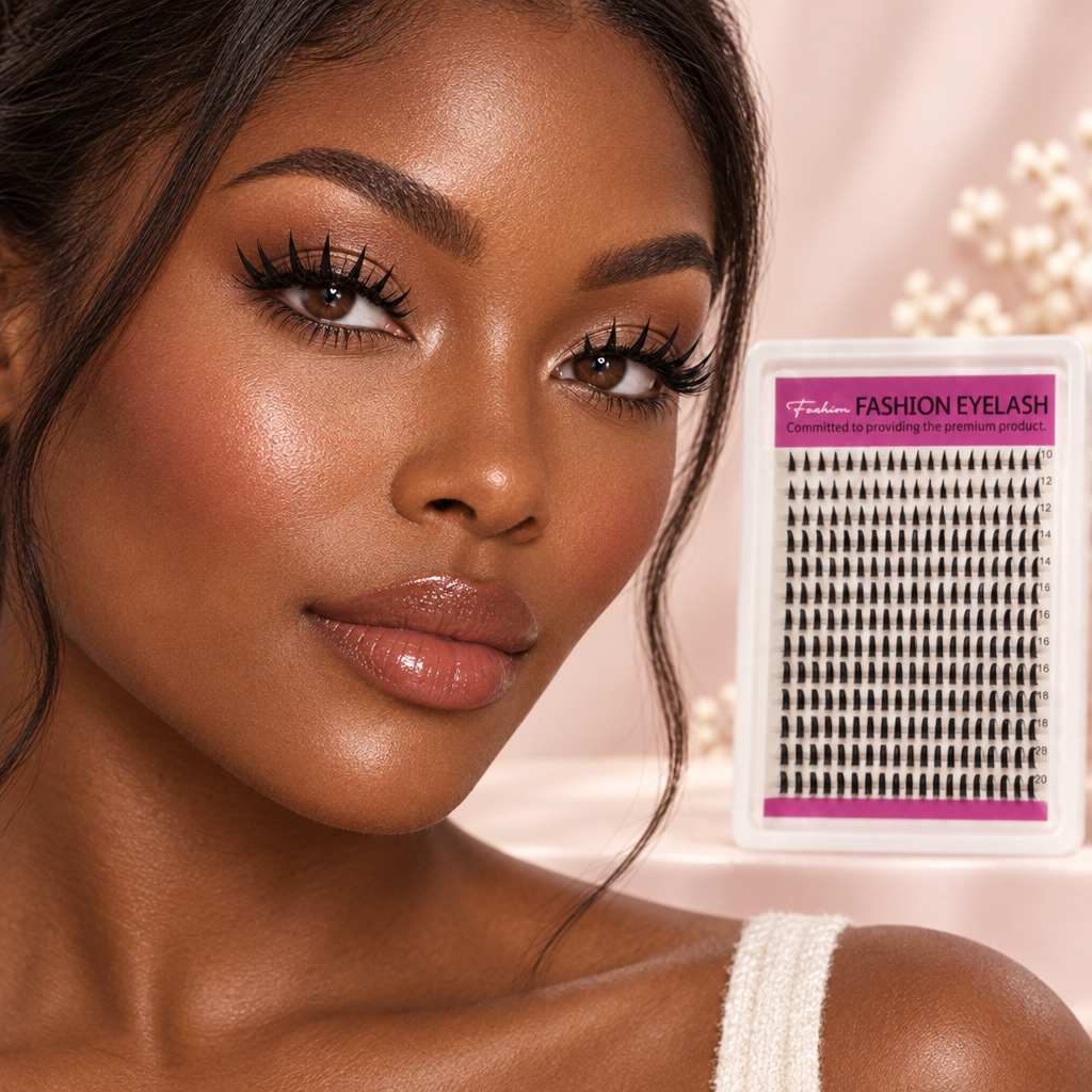 Black model wearing Fashion Spikes lashes with package in background