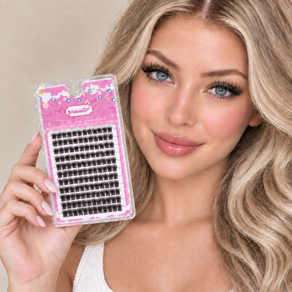 Blonde model with softly smoothed skin wearing the featured lashes
